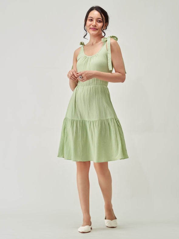 Shoulder Straps Tiered Crepe Fit  Flare dress