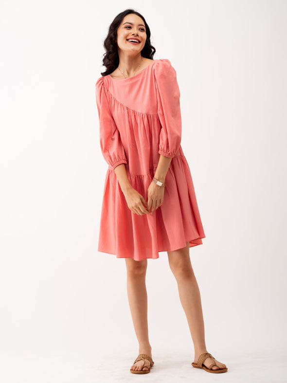 Boat Neck Puff Sleeves A-Line Dress