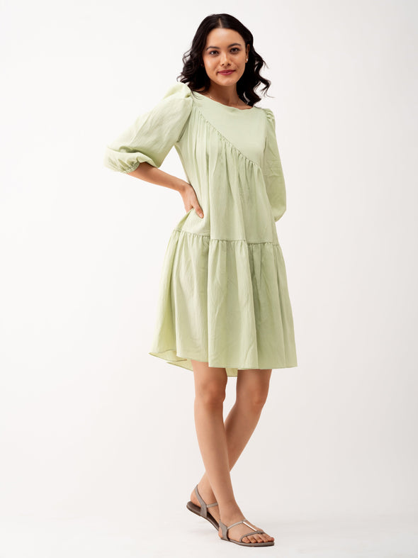 Boat Neck Puff Sleeves A-Line Dress