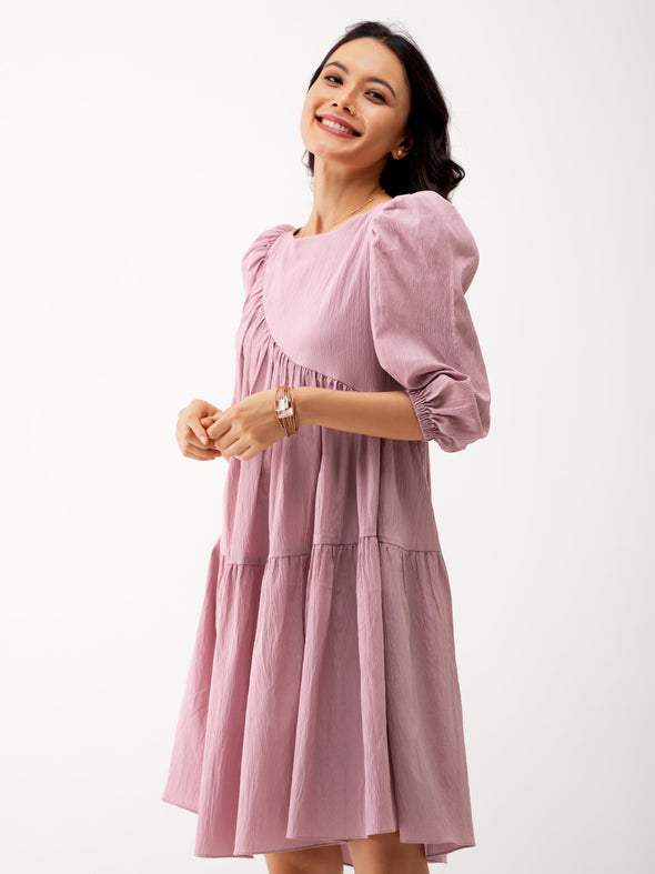 Boat Neck Puff Sleeves A-Line Dress