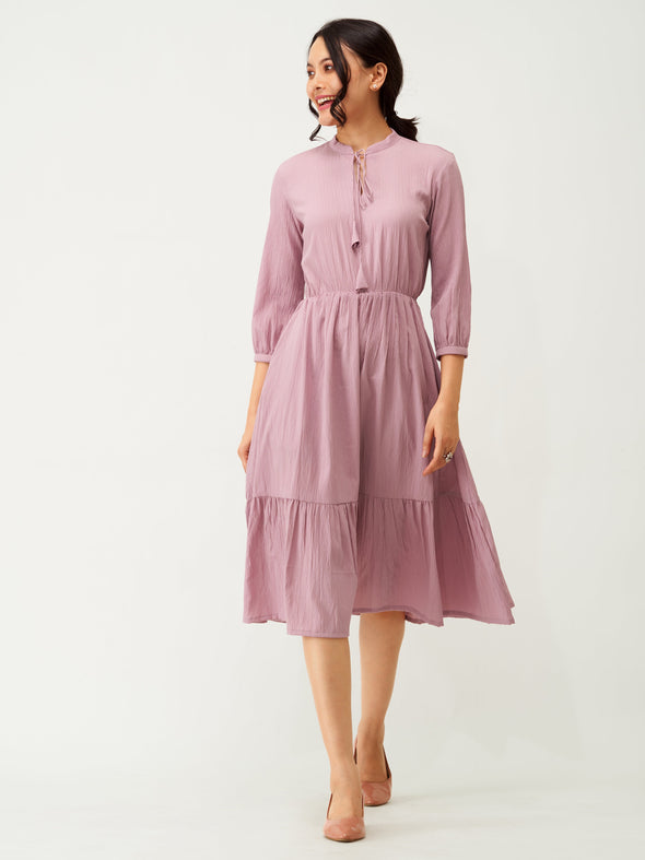Tie-Up Neck Crepe Fit  Flare Dress