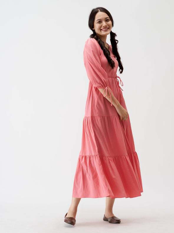 Puff Sleeves Tie-Up Detail Tiered Maxi A-Line Dress