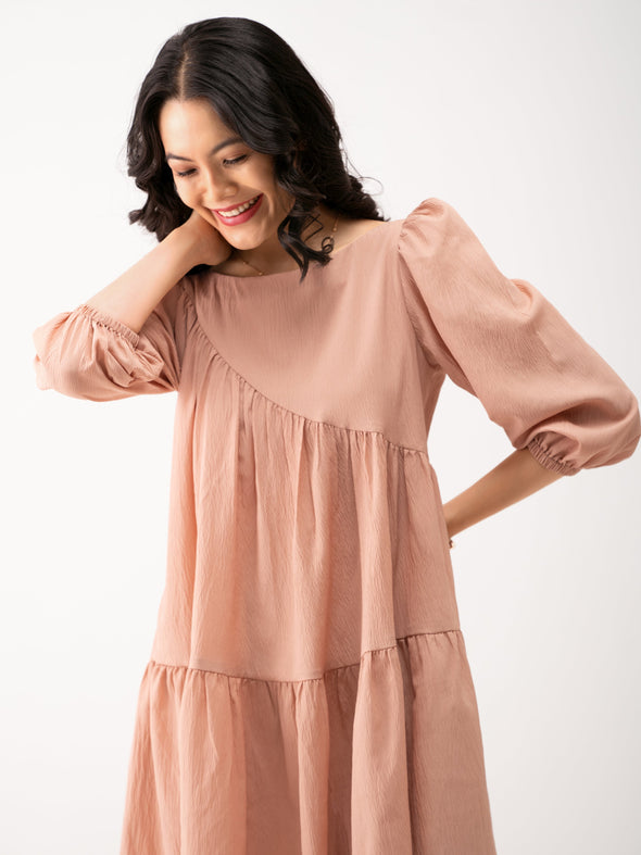 Boat Neck Puff Sleeves A-Line Dress