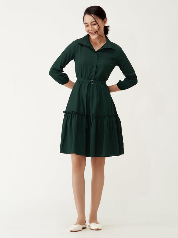 Puff Sleeves Crepe Fit  Flare Dress