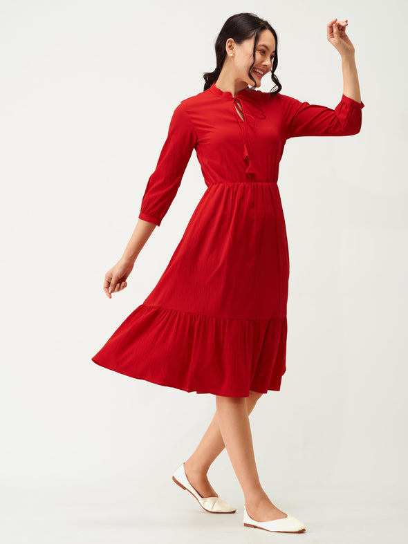 Tie-Up Neck Crepe Fit  Flare Dress