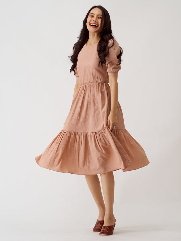 Puff Sleeve Crepe Fit  Flare Midi Dress