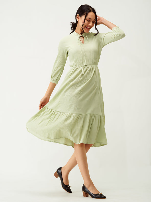 Tie-Up Neck Crepe Fit  Flare Dress