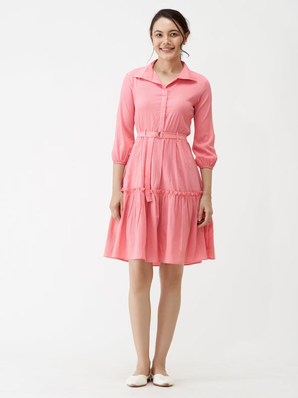 Puff Sleeves Crepe Fit  Flare Dress