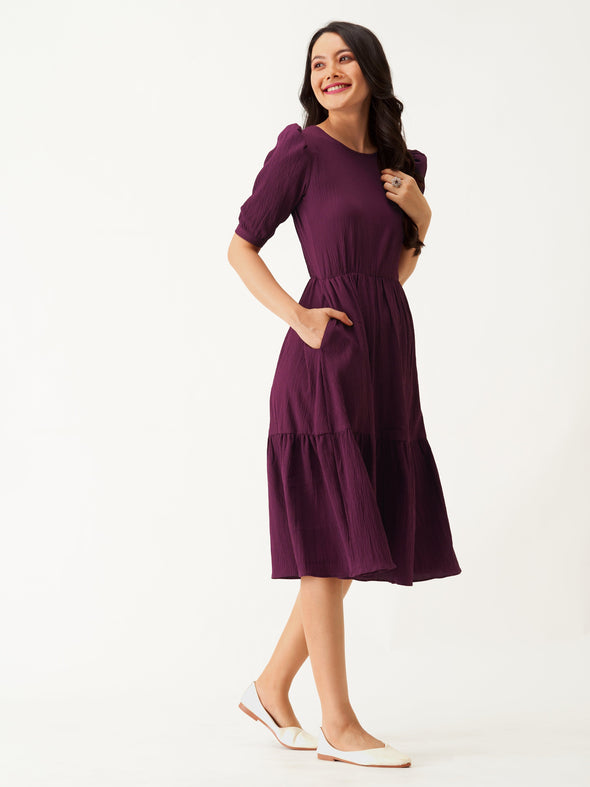 Puff Sleeve Crepe Fit  Flare Midi Dress