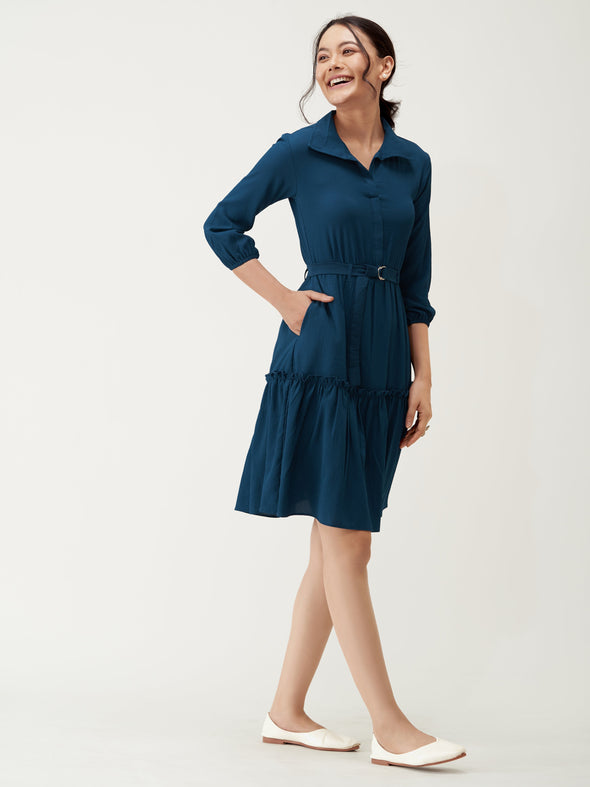 Puff Sleeves Crepe Fit  Flare Dress