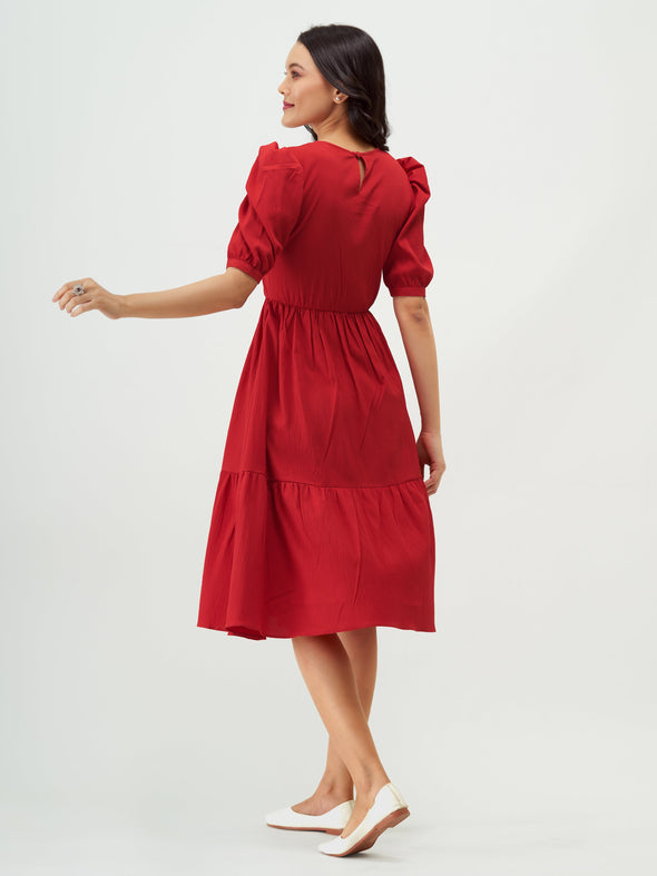 Puff Sleeve Crepe Fit  Flare Midi Dress