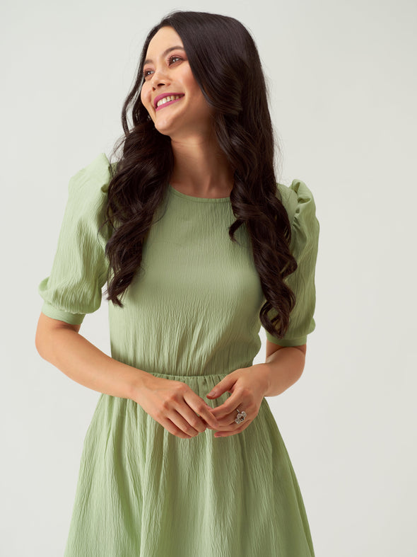 Puff Sleeve Crepe Fit  Flare Midi Dress