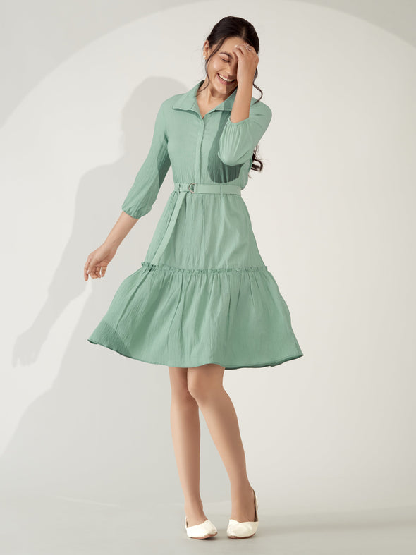 Puff Sleeves Crepe Fit  Flare Dress
