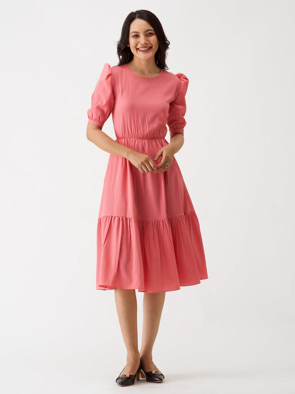 Puff Sleeve Crepe Fit  Flare Midi Dress