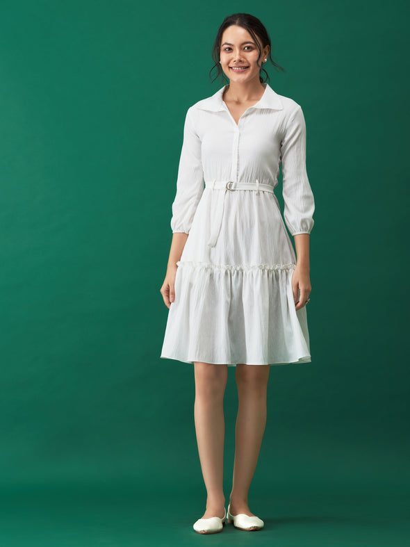 Puff Sleeves Crepe Fit  Flare Dress