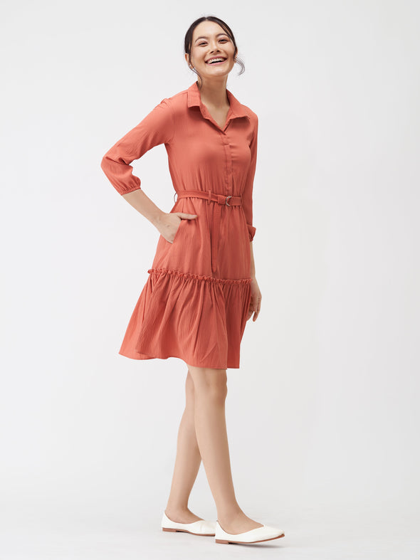 Puff Sleeves Crepe Fit  Flare Dress