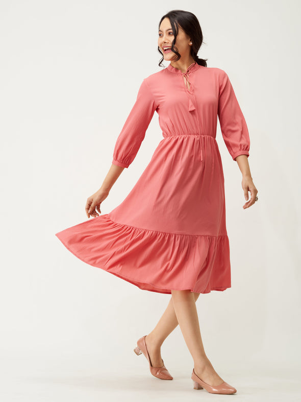 Tie-Up Neck Crepe Fit  Flare Dress