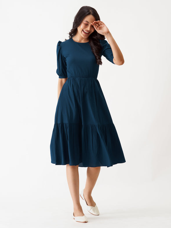 Puff Sleeve Crepe Fit  Flare Midi Dress