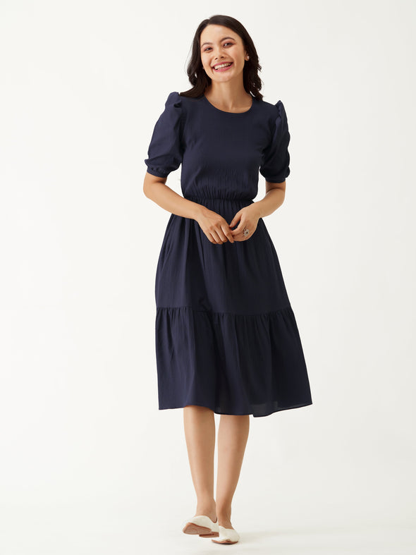 Puff Sleeve Crepe Fit  Flare Midi Dress