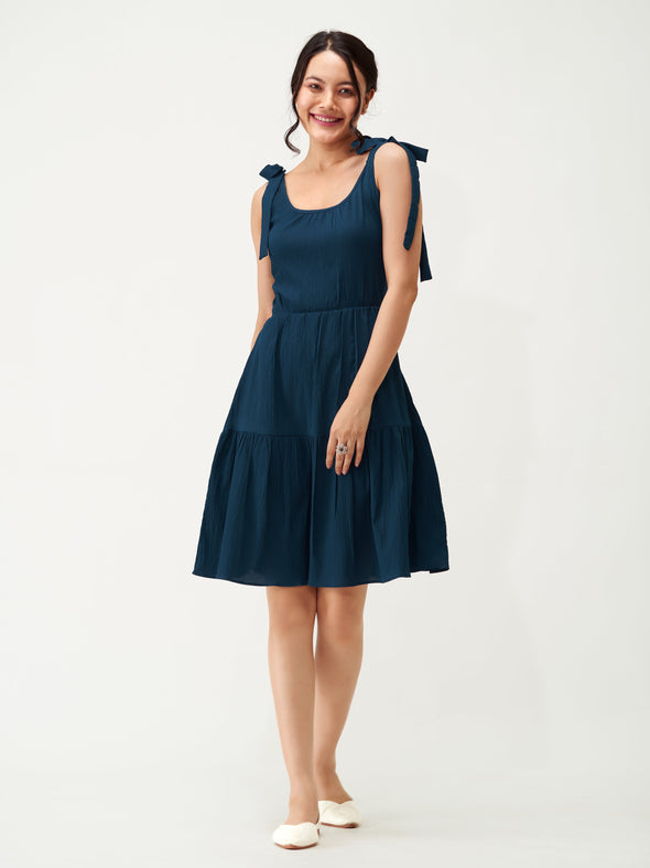 Shoulder Straps Tiered Crepe Fit  Flare dress