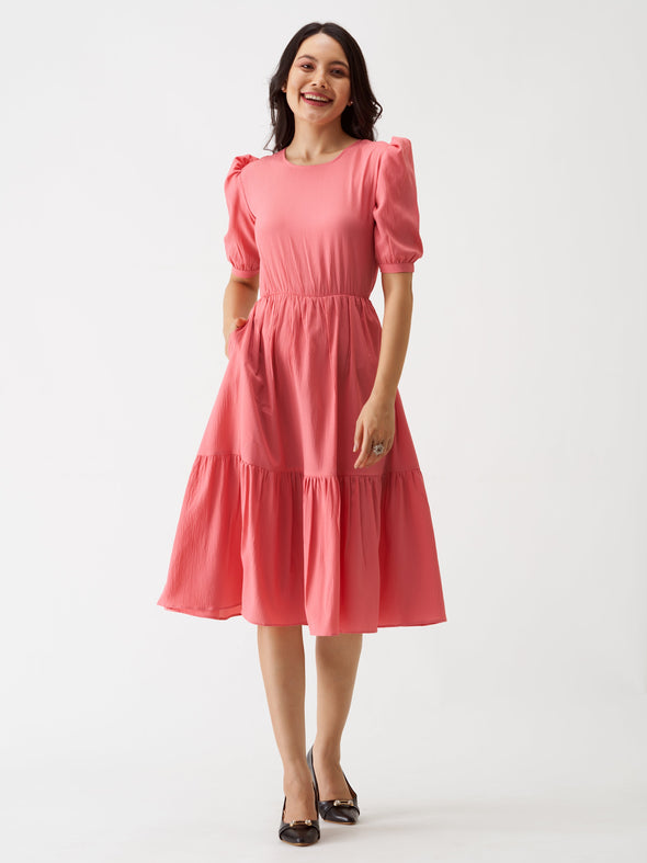 Puff Sleeve Crepe Fit  Flare Midi Dress