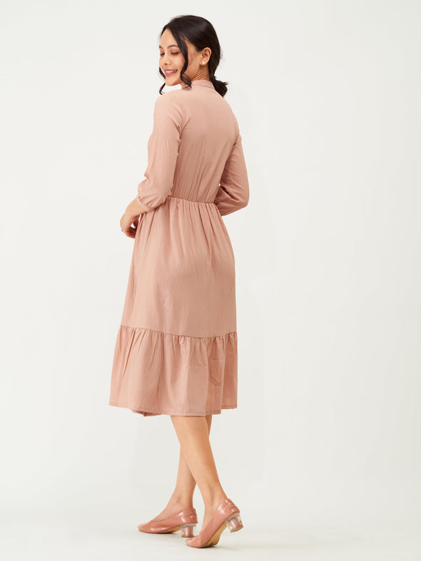 Tie-Up Neck Crepe Fit  Flare Dress