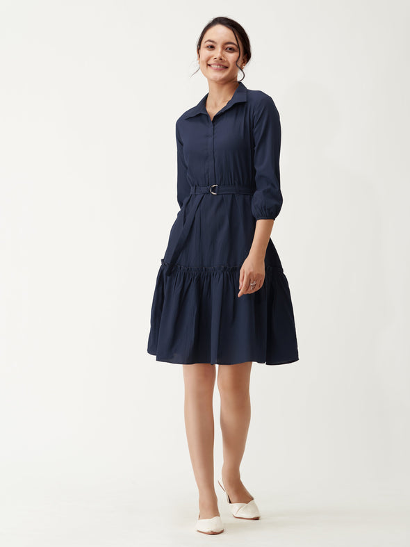 Puff Sleeves Crepe Fit  Flare Dress
