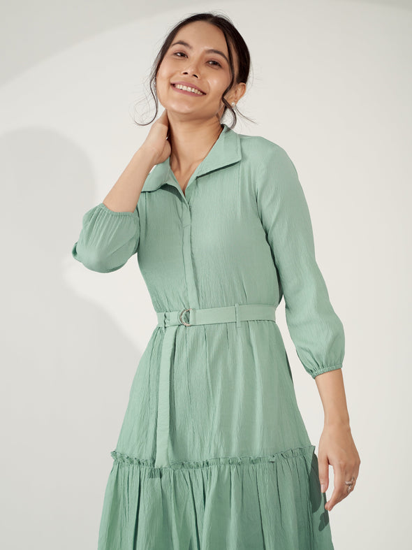 Puff Sleeves Crepe Fit  Flare Dress