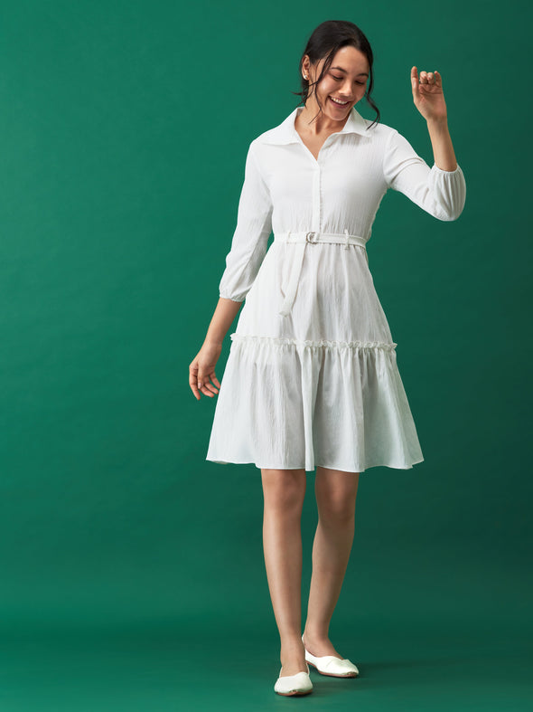 Puff Sleeves Crepe Fit  Flare Dress