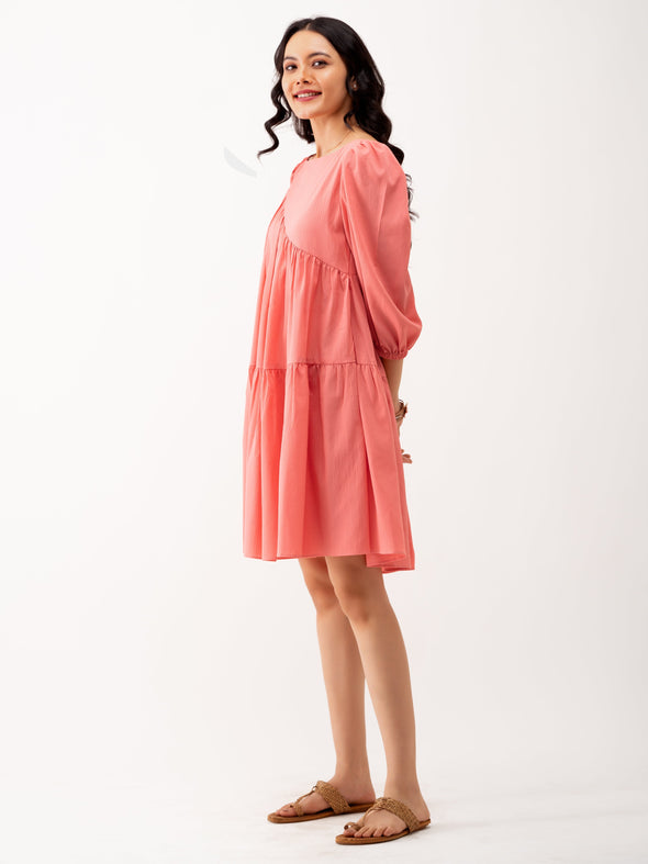 Boat Neck Puff Sleeves A-Line Dress