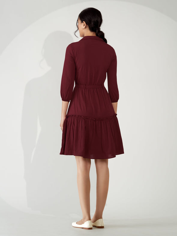 Puff Sleeves Crepe Fit  Flare Dress