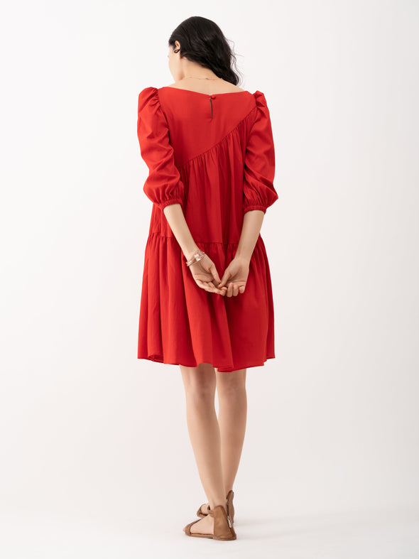 Boat Neck Puff Sleeves A-Line Dress