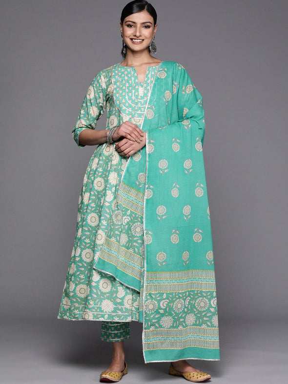 Green Yoke Design Cotton Anarkali Kurta With Trousers & Dupatta