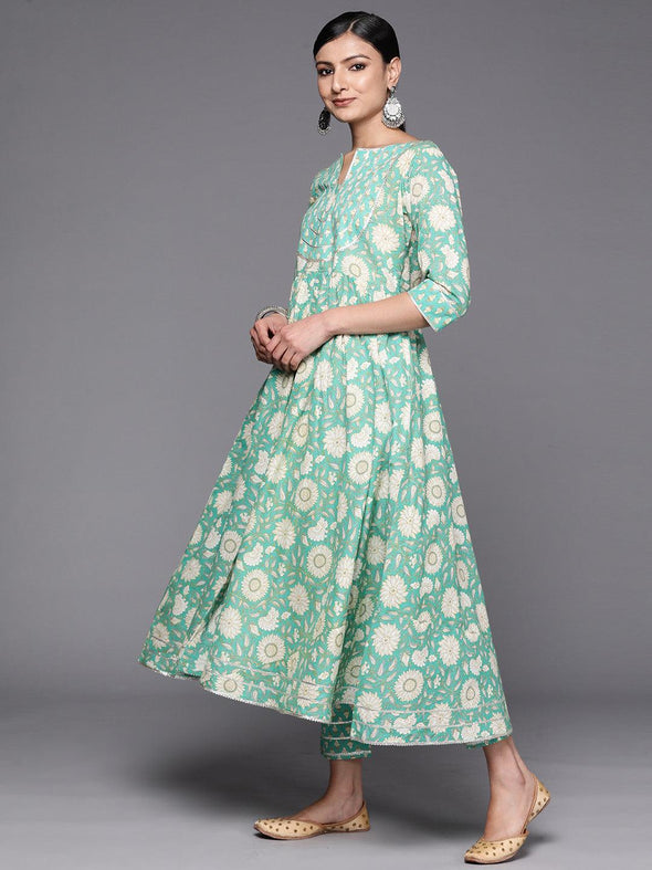 Green Yoke Design Cotton Anarkali Kurta With Trousers & Dupatta