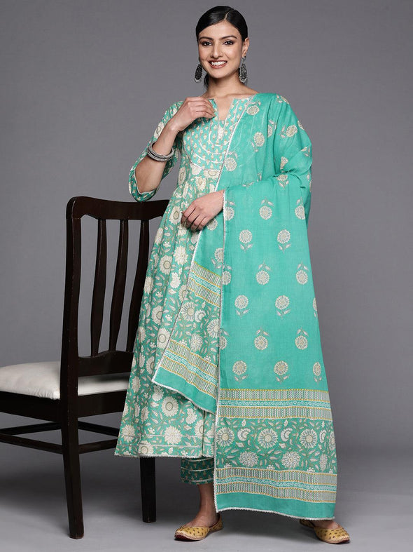 Green Yoke Design Cotton Anarkali Kurta With Trousers & Dupatta