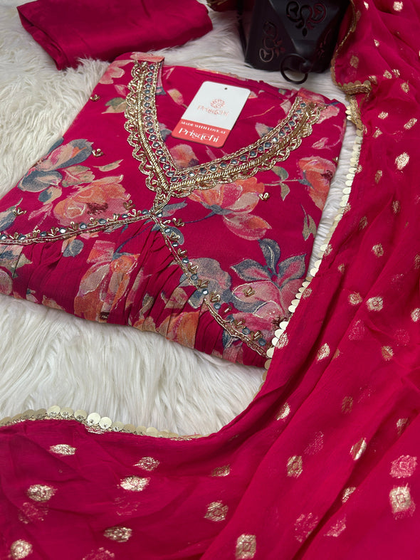 Pink Chinon floral print Alia cut Anarkali dress