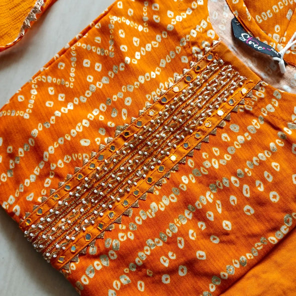 Orange Bandhini kurti with pant and dupatta set