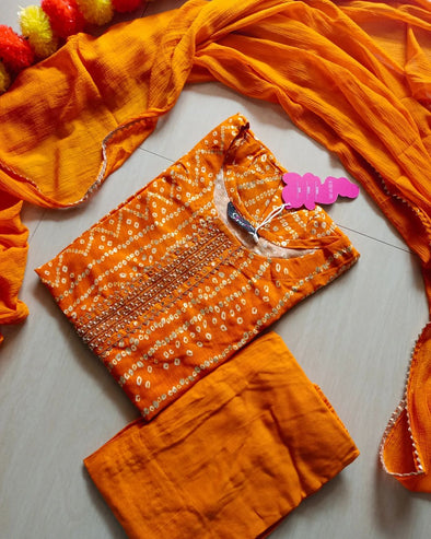 Orange Bandhini kurti with pant and dupatta set