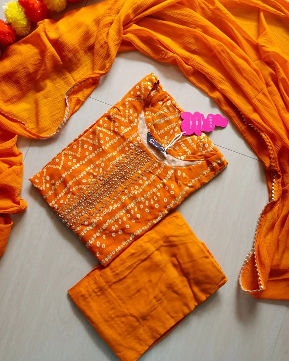 Orange Bandhini kurti with pant and dupatta set