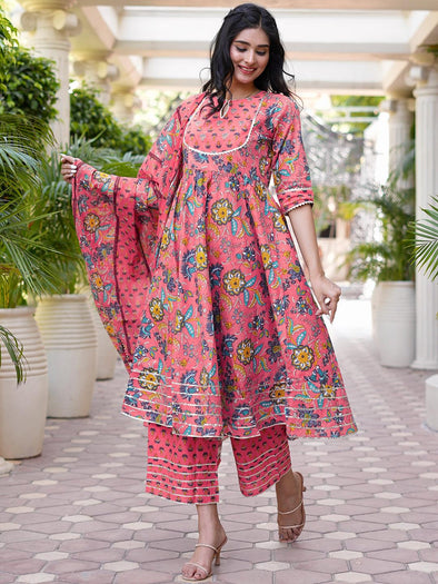 Pink Printed Cotton Anarkali Kurta With Palazzos & Dupatta