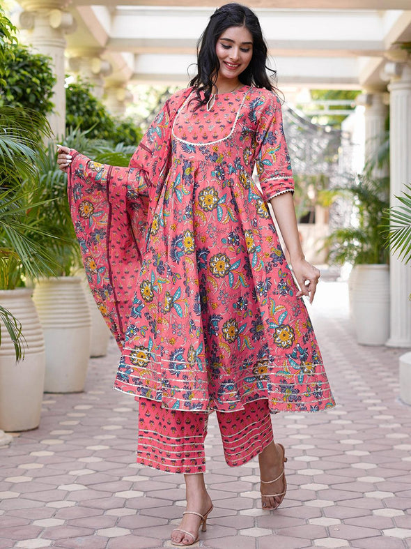 Pink Printed Cotton Anarkali Kurta With Palazzos & Dupatta