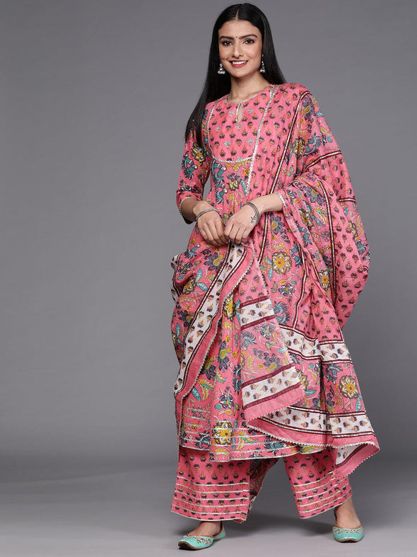 Pink Printed Cotton Anarkali Kurta With Palazzos & Dupatta