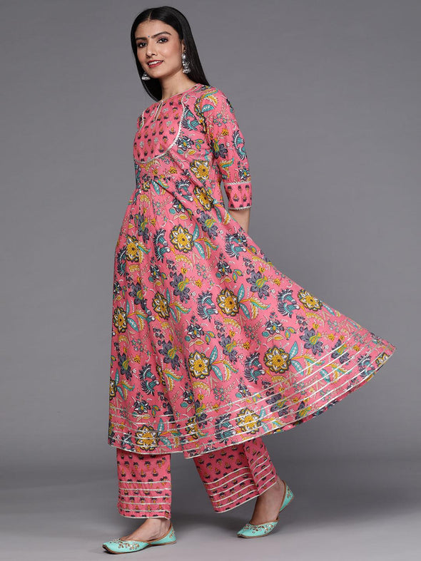 Pink Printed Cotton Anarkali Kurta With Palazzos & Dupatta