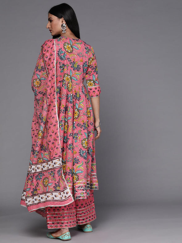 Pink Printed Cotton Anarkali Kurta With Palazzos & Dupatta