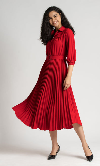 Accordion Pleated Belted Shirt Midi Dress