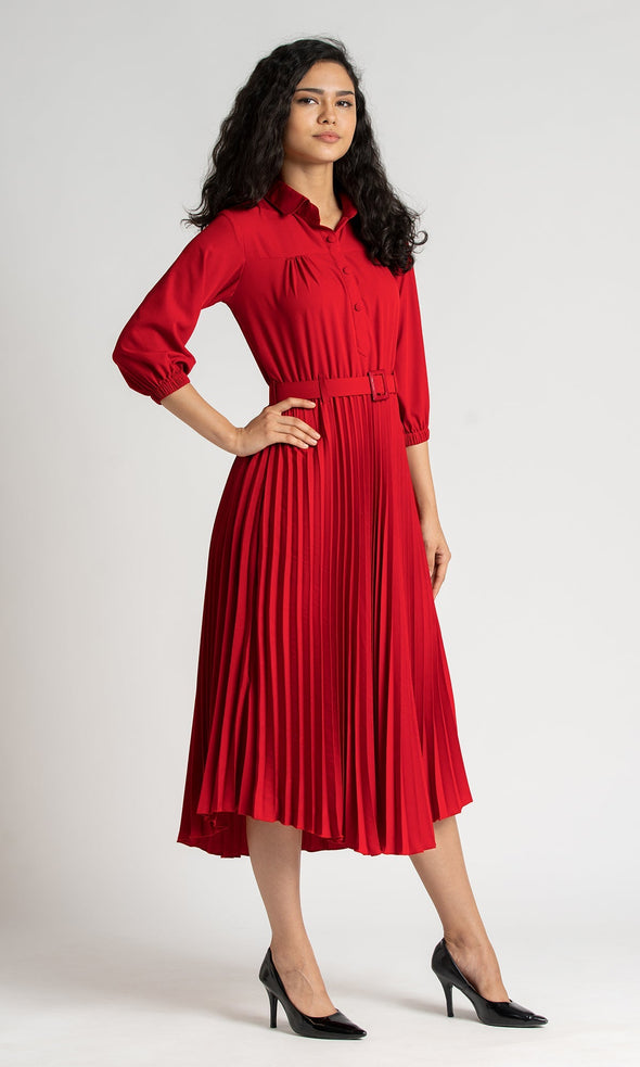 Accordion Pleated Belted Shirt Midi Dress