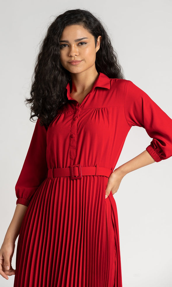 Accordion Pleated Belted Shirt Midi Dress
