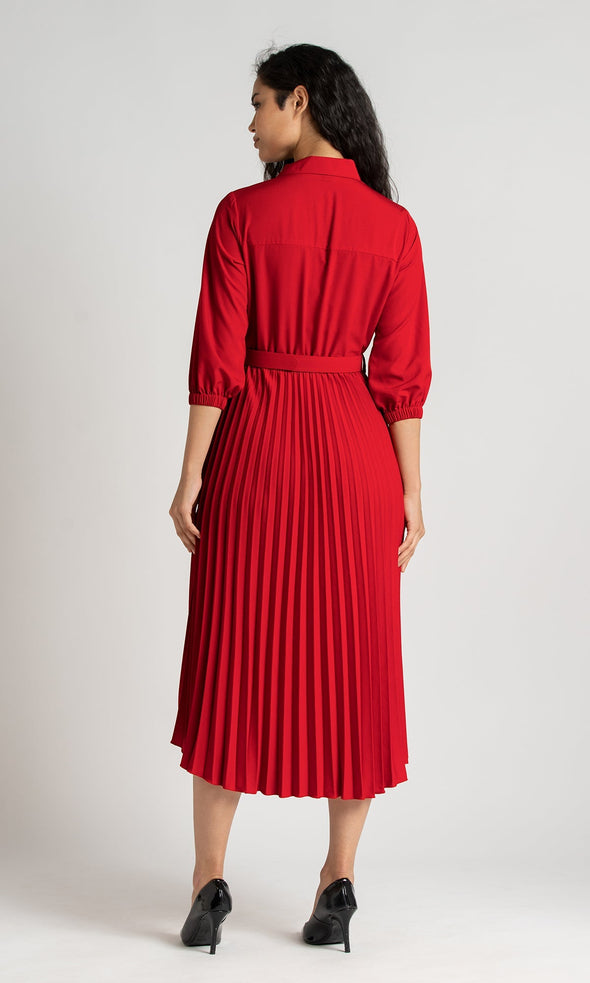 Accordion Pleated Belted Shirt Midi Dress