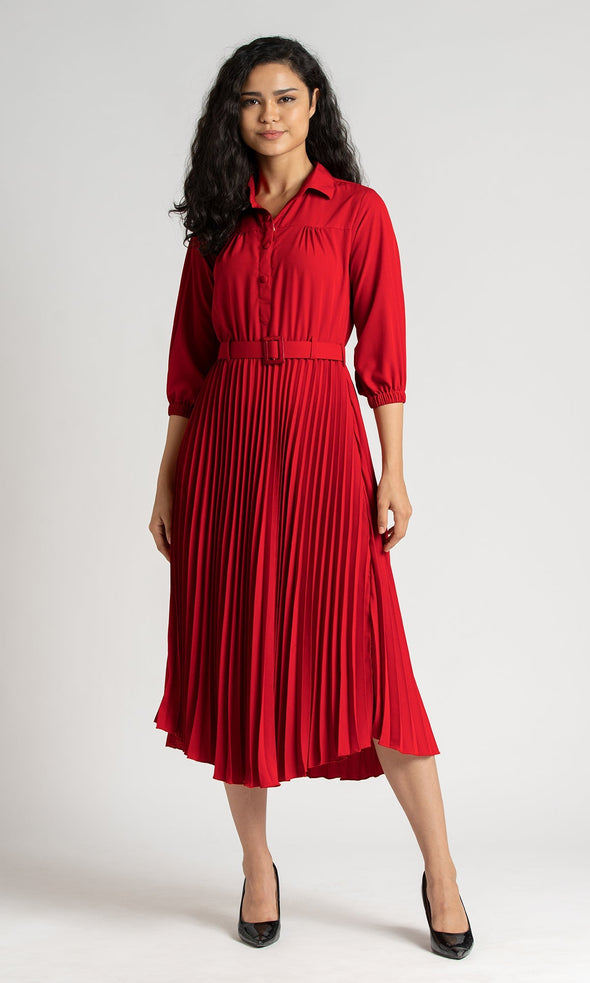 Accordion Pleated Belted Shirt Midi Dress