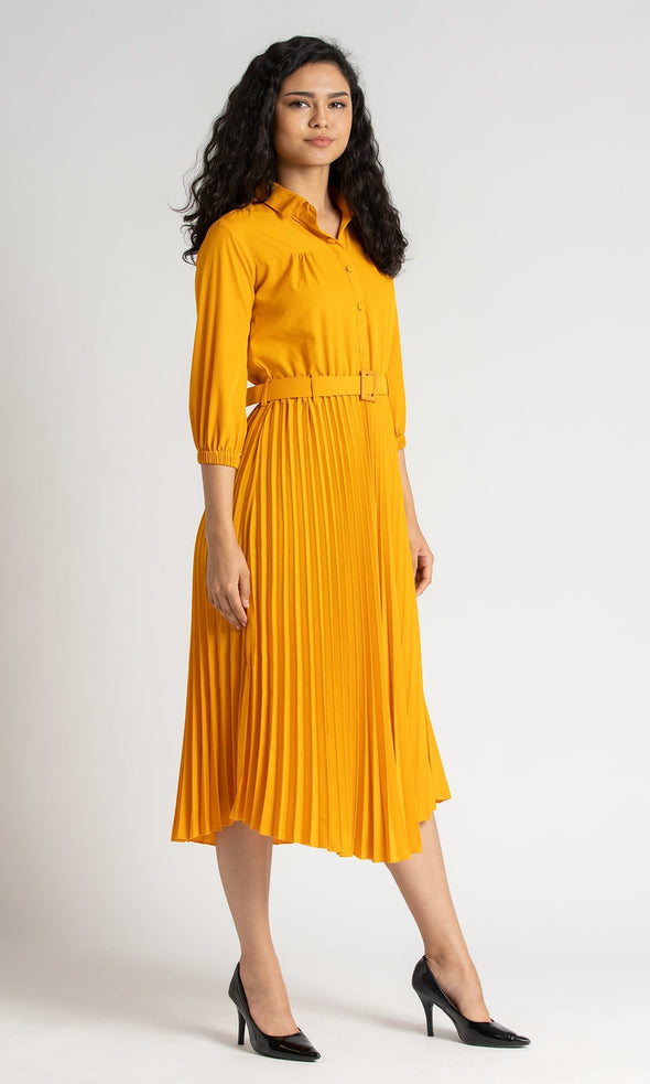 Accordion Pleated Belted Shirt Midi Dress